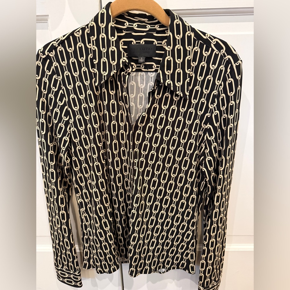 Nili Lotan Black and Cream Chain Print Shirt